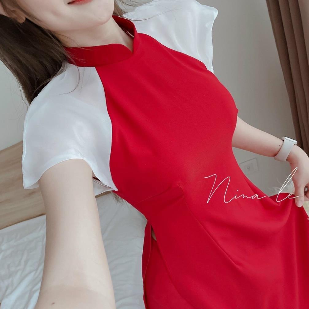 Set áo dài đỏ tay phối voan trắng bồng cánh tiên kèm quần suông đi chùa chúc tết nina lê