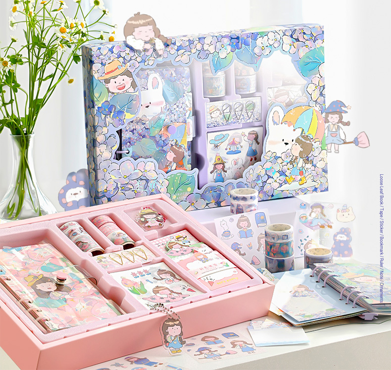 Set hộp quà tặng dễ thương kèm sổ tay sticker, washi, giấy note và móc khoá xinh