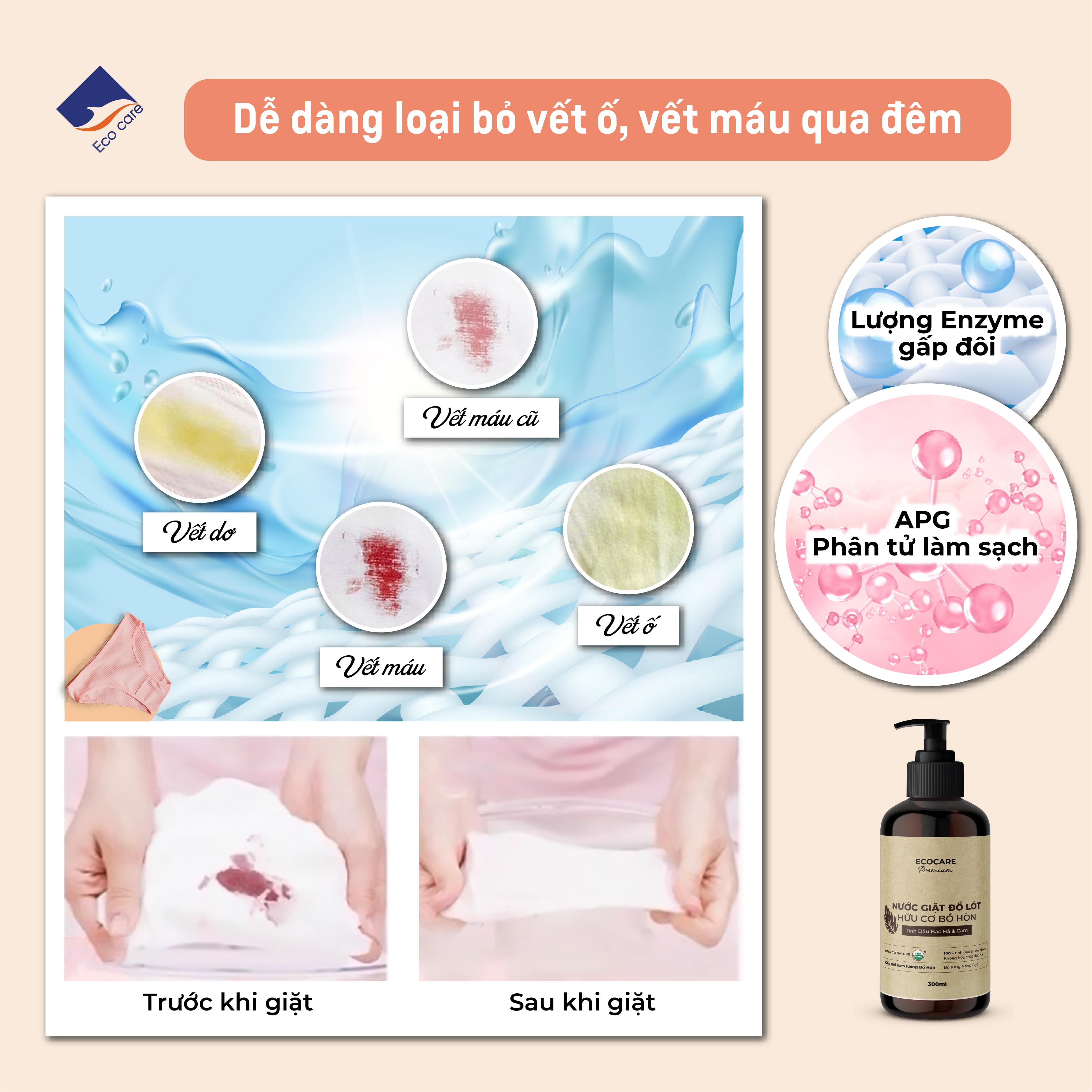 Nước Giặt Đồ Lót Hữu Cơ ECOCARE 300ml Giảm 99% Vi Khuẩn, Tẩy Ố Hiệu Quả, Hương Cam Bạc Hà Thơm Mát