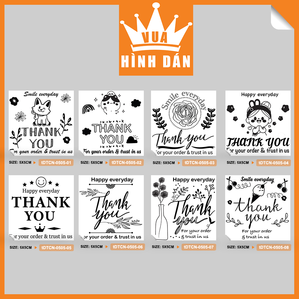 Set 50/100 Sticker THANK YOU FOR YOUR ORDER AND TRUST IN US, SMILE EVERY DAY, HAPPY EVERYDAY 5x5cm - tem dán đơn hàng, kiện hàng dành cho shop 1.075