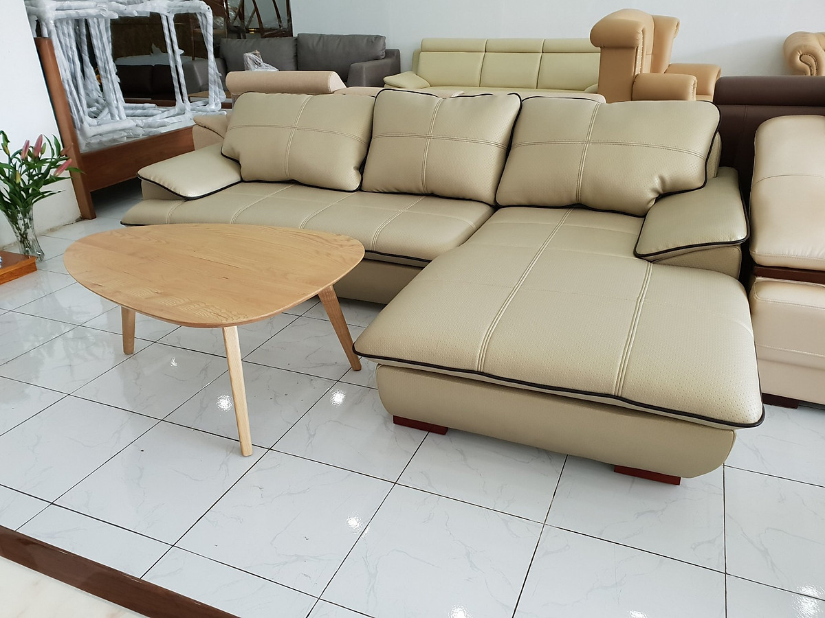 Sofa da góc L Tundo 2m5 x 1m6 màu kem viền
