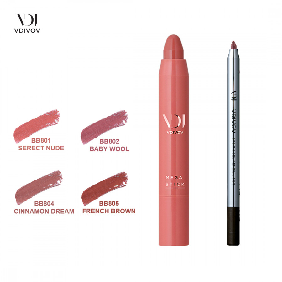 Bộ trang điểm VDIVOV son môi bút chì Mega Stick [Nude] FRENCH BROWN 2.5g và chì kẻ mắt dạng gel Eye On Gel Pencil Liner PK101 (Pearl) 0.5g