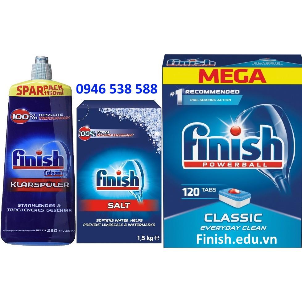 Combo viên rửa bát Finish 120 V + nước làm bóng Finish 1150ml + Muối rửa chén Finish 1.5kg viên rửa chén finish ly