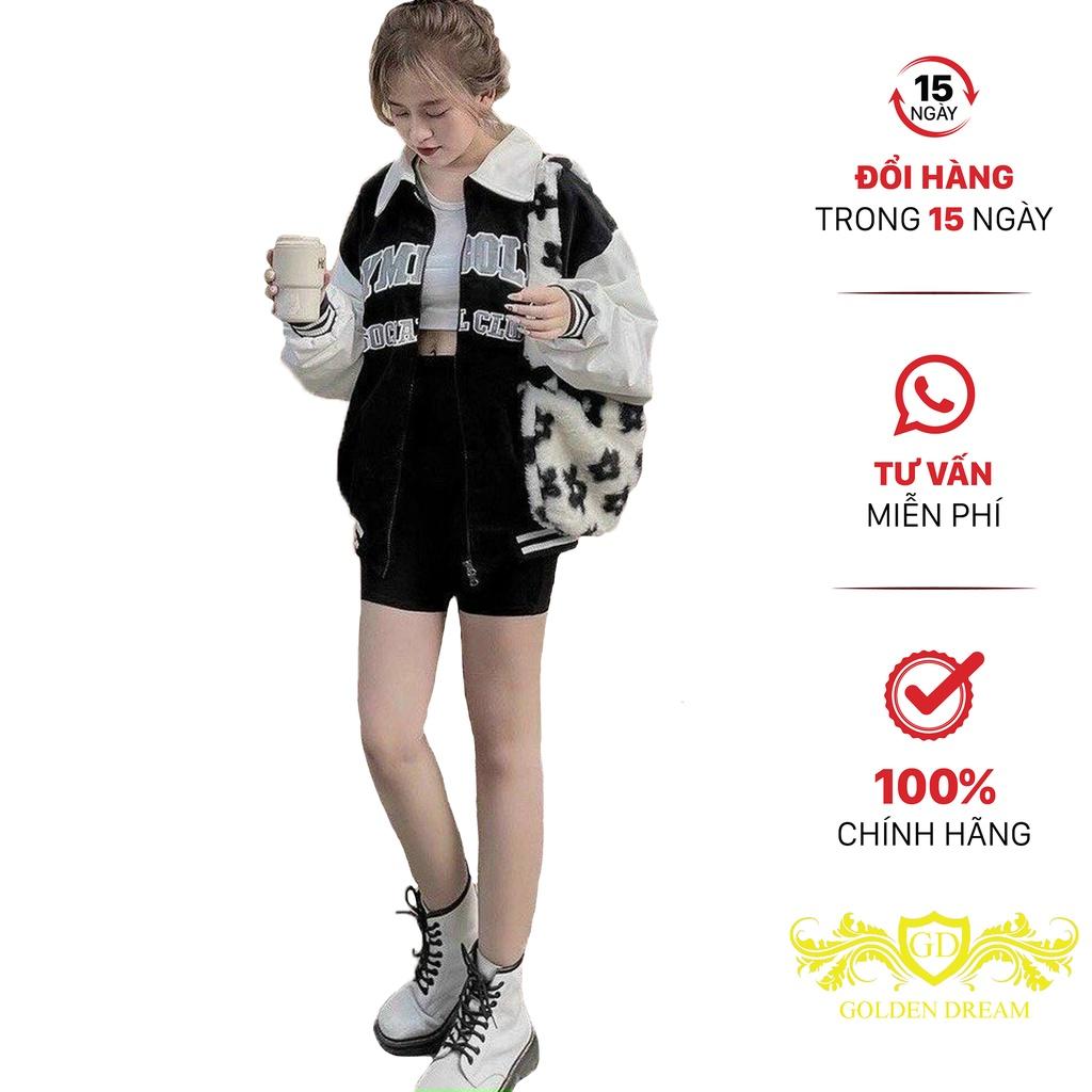 Aó Khoác Nhung Tăm Nữ Cổ Bẻ Thêu Chữ SYMBOLIC Phối Tay Trắng Cá Tính Dễ Thương GOLDEN DREAM