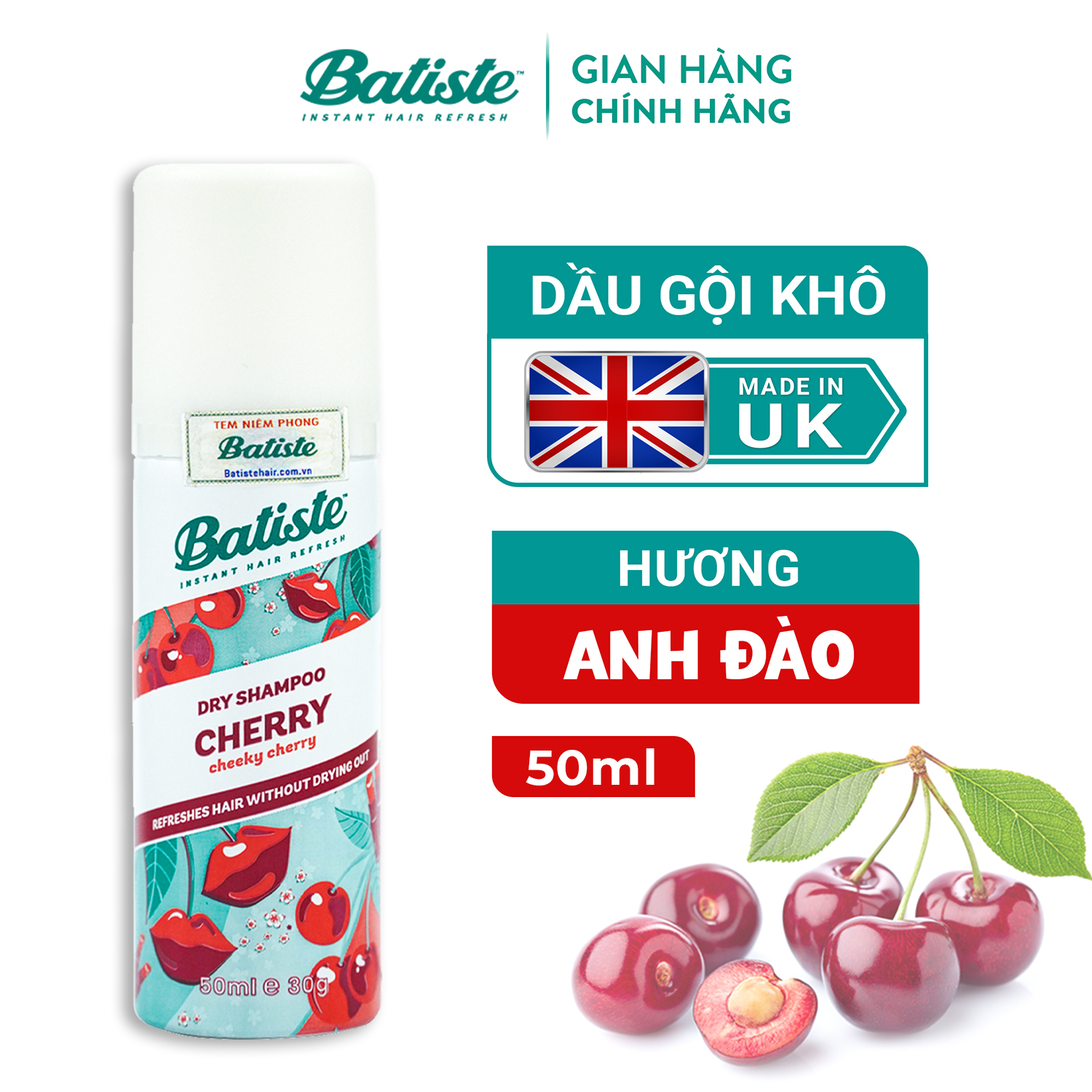 Dầu Gội Khô Hương Anh Đào - Batiste Dry Shampoo Fruity &amp; Cheeky Cherry 50ml