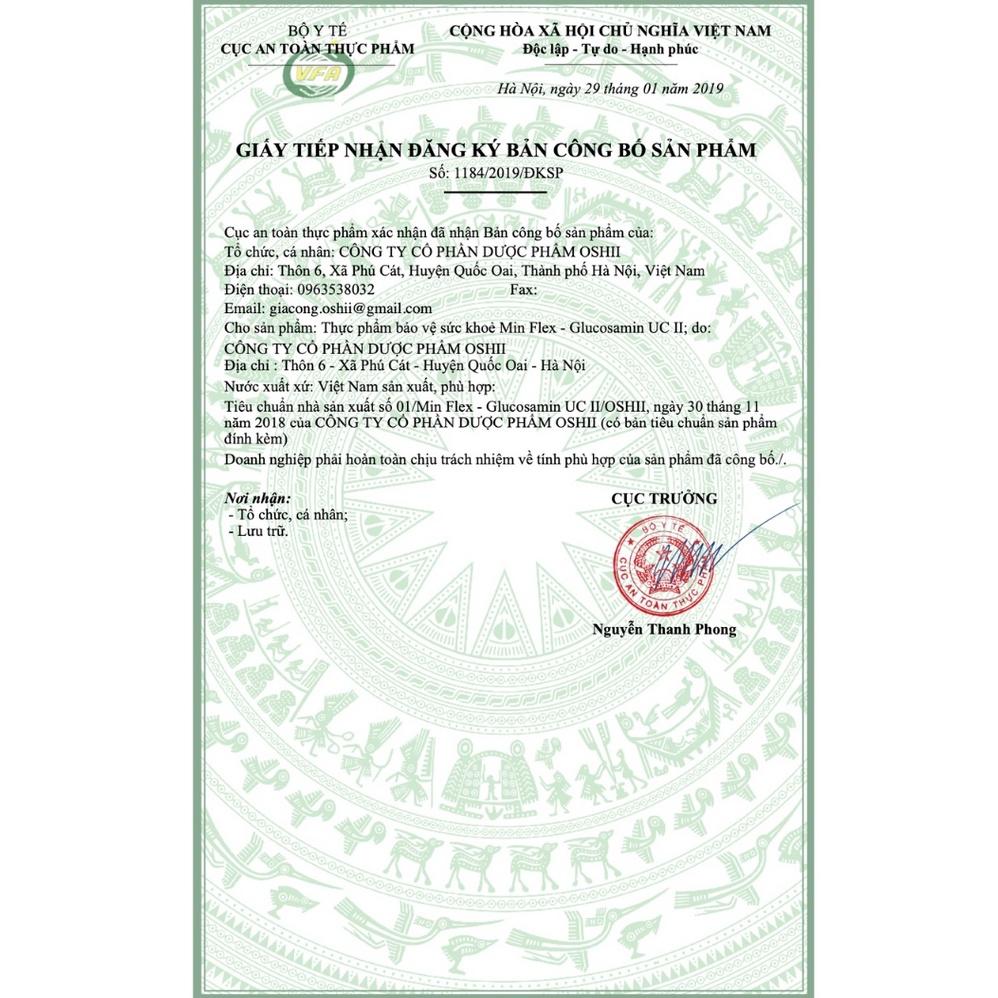 Viên uống Min Flex - GLUCOSAMIN UC II, Thực phẩm chức năng hỗ trợ tăng tiết dịch khớp và giảm triệu chứng viêm khớp, lọ 60 viên