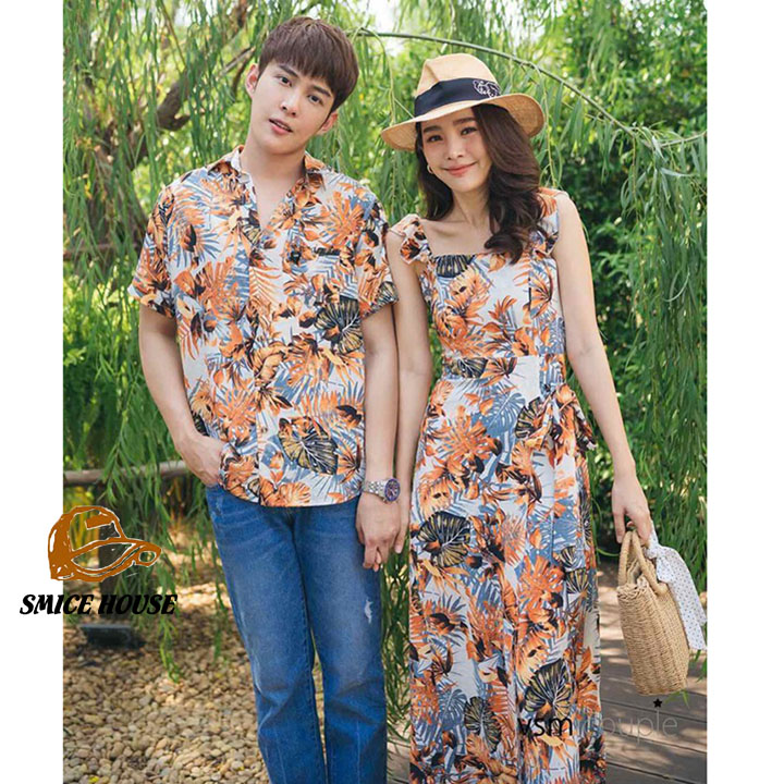 SET ÁO VÁY ĐÔI HOA LÁ ĐI BIỂN CHỤP HÌNH CƯỚI ĐẸP/ ĐỒ CẶP TÌNH NHÂN ÁO SƠ MI NAM ĐẦM XẺ TÀ NỮ PHONG CÁCH HÀN QUỐC - SMICE HOUSE