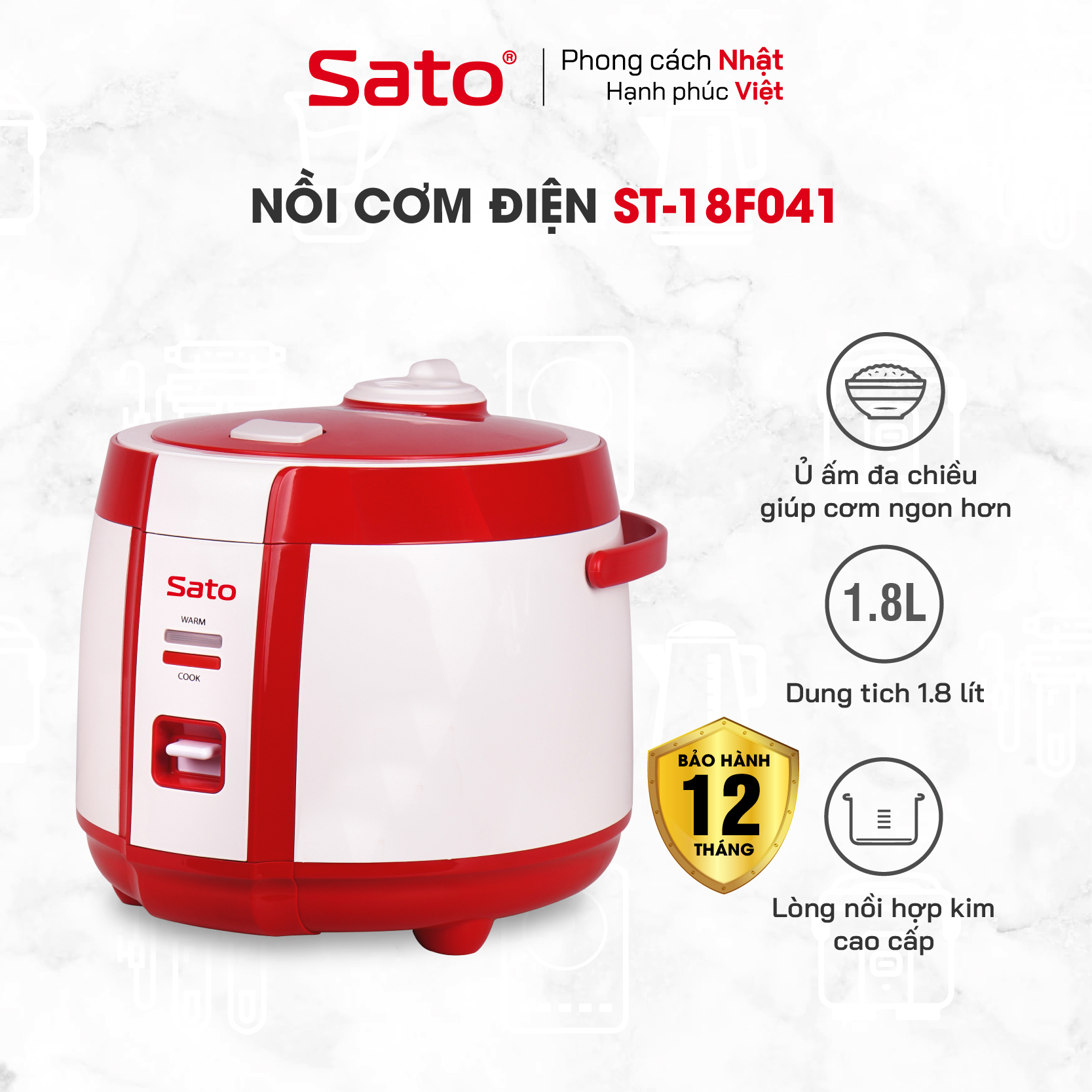 Nồi Cơm Điện SATO 18F041 1.8L - Thiết kế sang trọng hiện đại, màu sắc tinh tế - Miễn phí vận chuyển toàn quốc - Hàng chính hãng