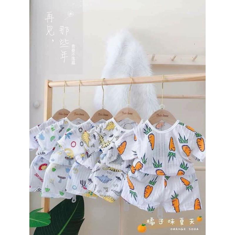 Bộ cotton giấy cộc tay cài vai cho bé trai, bé gái