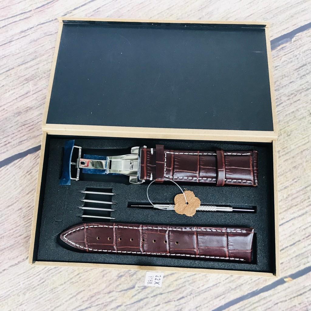 Dây đồng hồ ️️ da bò thật dập vân cá sấu full hộp gỗ, 4 chốt kèm dụng cụ thay dây