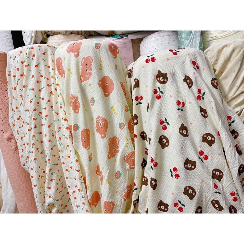 Vải xô muslin hình quả quýt cam nền be xô 2 lớp loại 1 mềm mịn