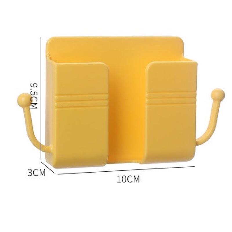 Kệ để remote điện thoại dán tường có 2 tay tròn treo chìa khoá, dây sạc - Khay đựng điện thoại có rãnh cắm sạc tiện lợi