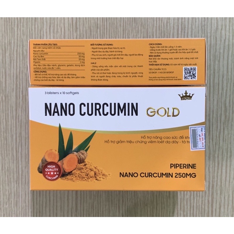 Nano curcumin Gold Kingphar, hộp 30 viên, dùng cho người bị viêm loét dạ dày