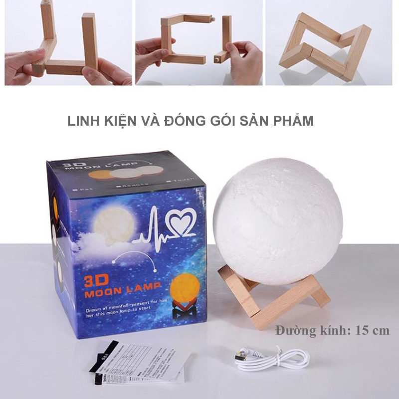 Đèn LED mặt trăng 3D - 3 màu đèn tùy chỉnh độ sáng - ĐK 15 cm