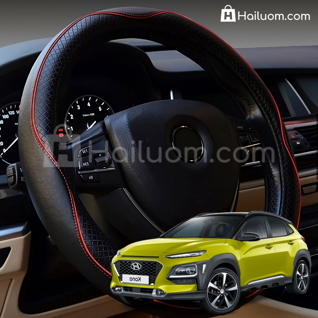 Bọc Vô Lăng ô tô cho HYUNDAI KONA Da Thật Cao Cấp - Màu Đen Chỉ Đỏ