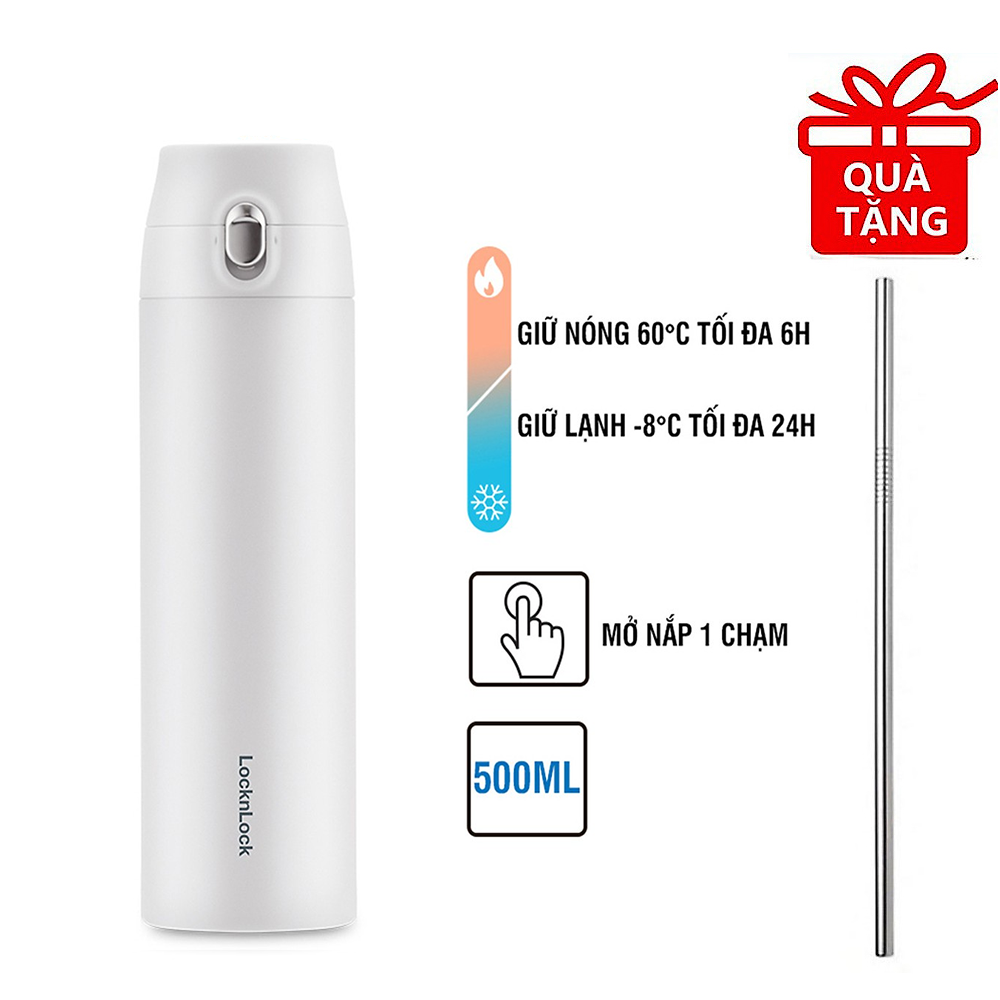 Bình Giữ Nhiệt Lock&amp;Lock Featherlight One-touch Tumbler 500ml LHC3257 - Hàng Chính Hãng - Tặng Kèm Ống Hút Inox