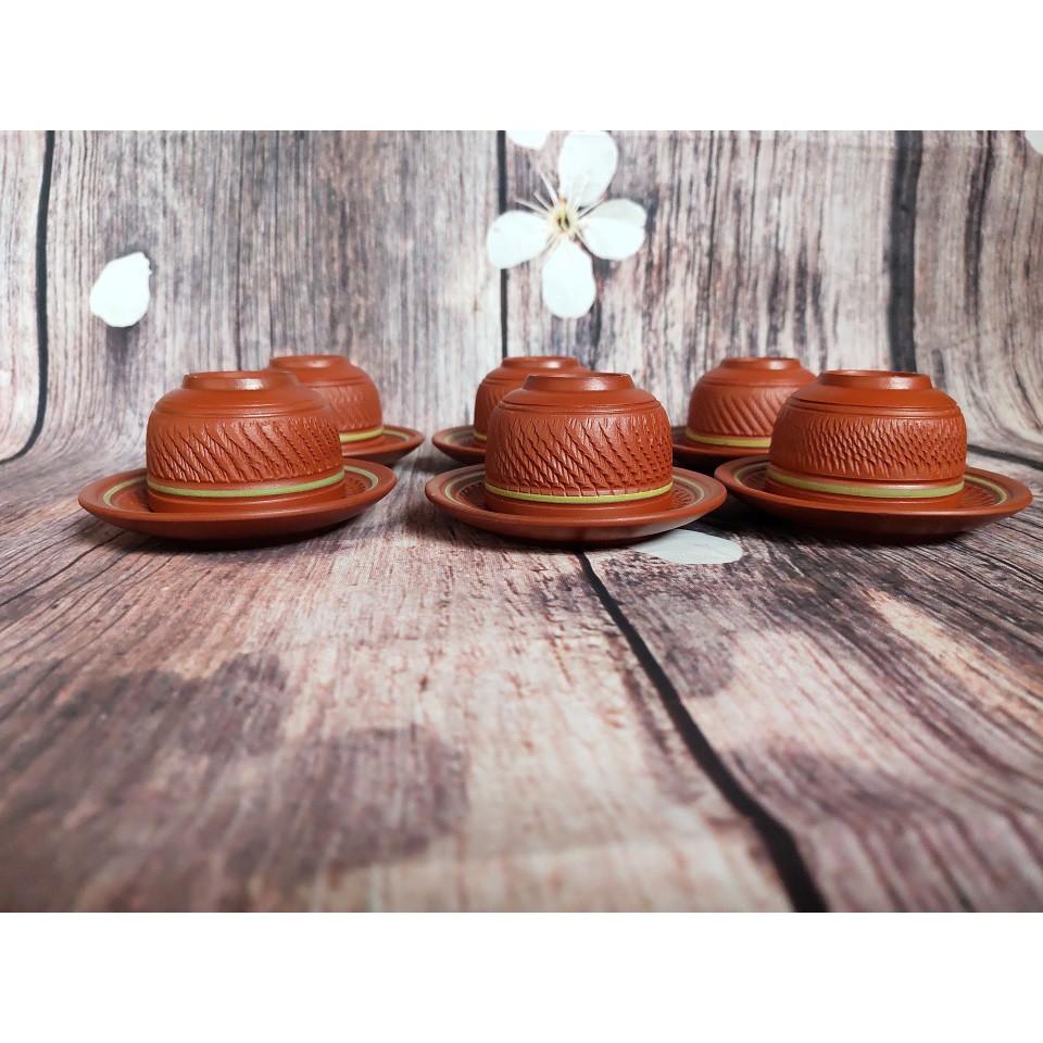 Bộ 6 chén gốm tử sa kẻ chỉ vàng cỡ vừa cao 4 cm có đĩa lót
