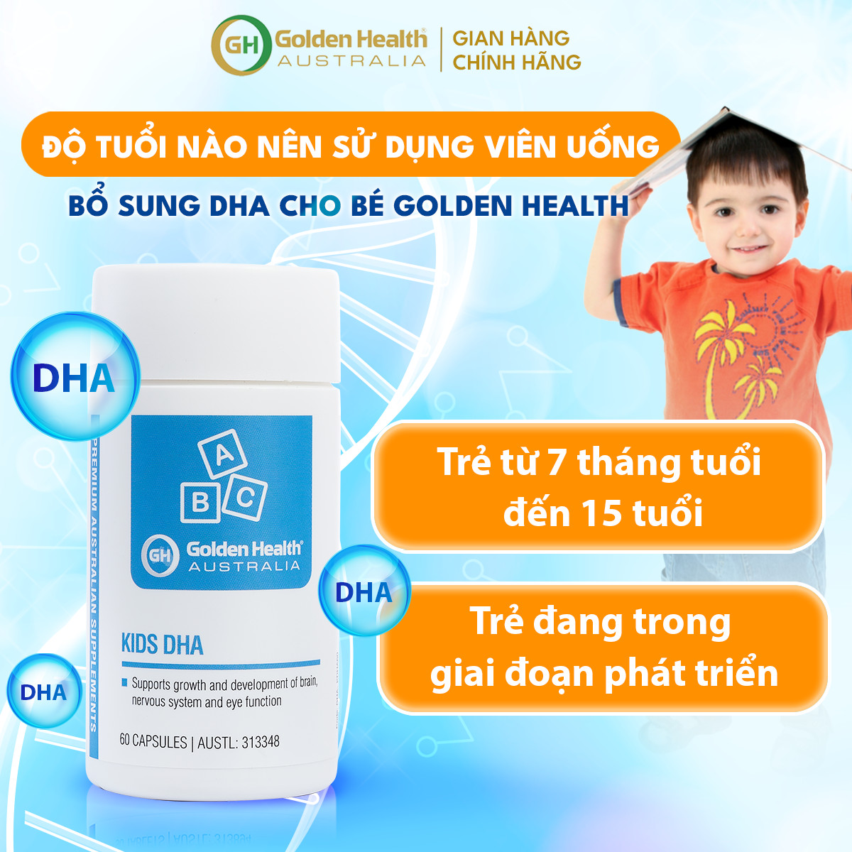 Viên Uống Hỗ Trợ Phát Triển Trí Não Cho Bé Từ 7 Tháng Tuổi Đến 12 Tuổi Golden Health Kids DHA Hộp 60 Viên