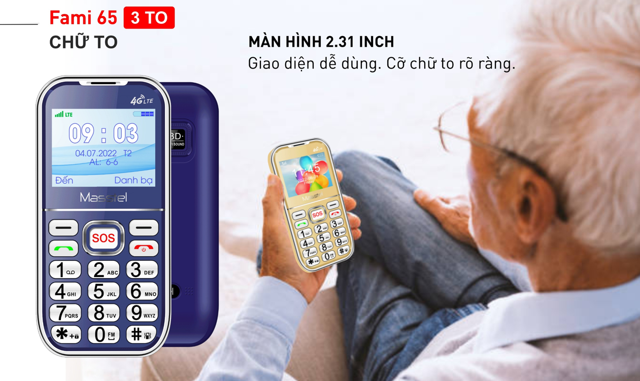 Điện Thoại Cho Người Già Masstel Fami 65 - SOS, Loa To, FM Không Dây, Đọc Số Bằng Giọng Nói, Xem Lịch Âm - HÀNG CHÍNH HÃNG