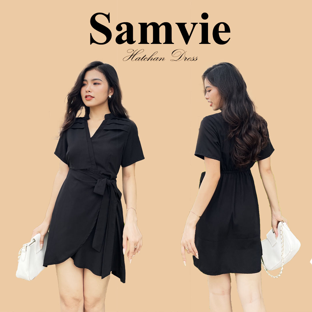 Đầm nữ đen thiết kế đơn giản, cột eo cổ trụ Samvie
