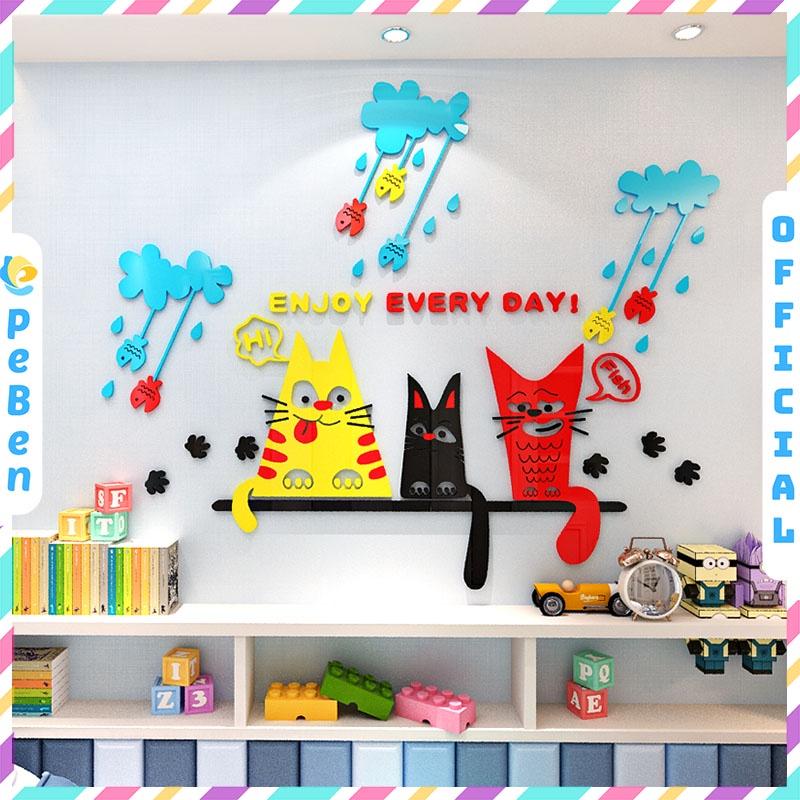 Tranh dán tường mica 3d decor khổ lớn mèo lười trong ngày mưa trang trí mầm non, mẫu giáo, phòng cho bé