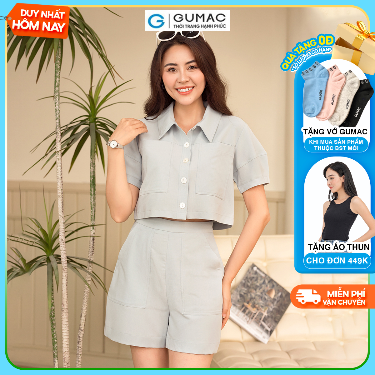 Set lẻ Áo kiểu tay bí thời trang GUMAC AD06071 - Quần short túi đắp thời trang GUMAC QD06072