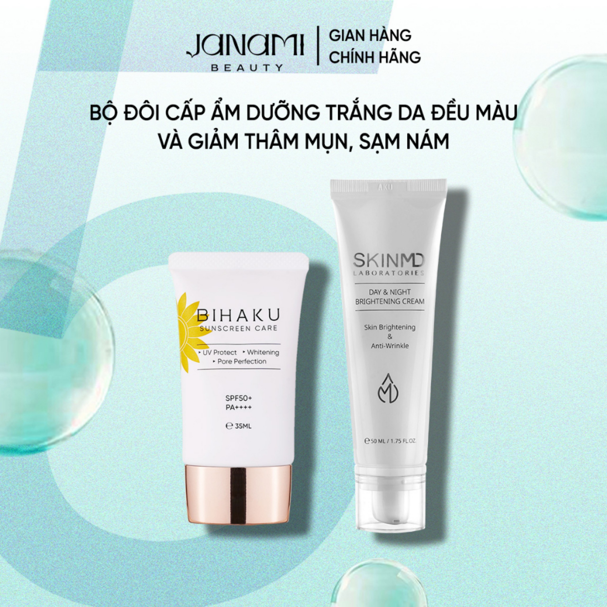 Ộ đôi chống nắng mờ nám BIHAKU SUNSCREEN CARE SPF50+ PA++++ 35g và SKINMD DAY & NIGHT BRIGHTENING CREAM 50g giúp làm mờ nếp nhăn sáng da