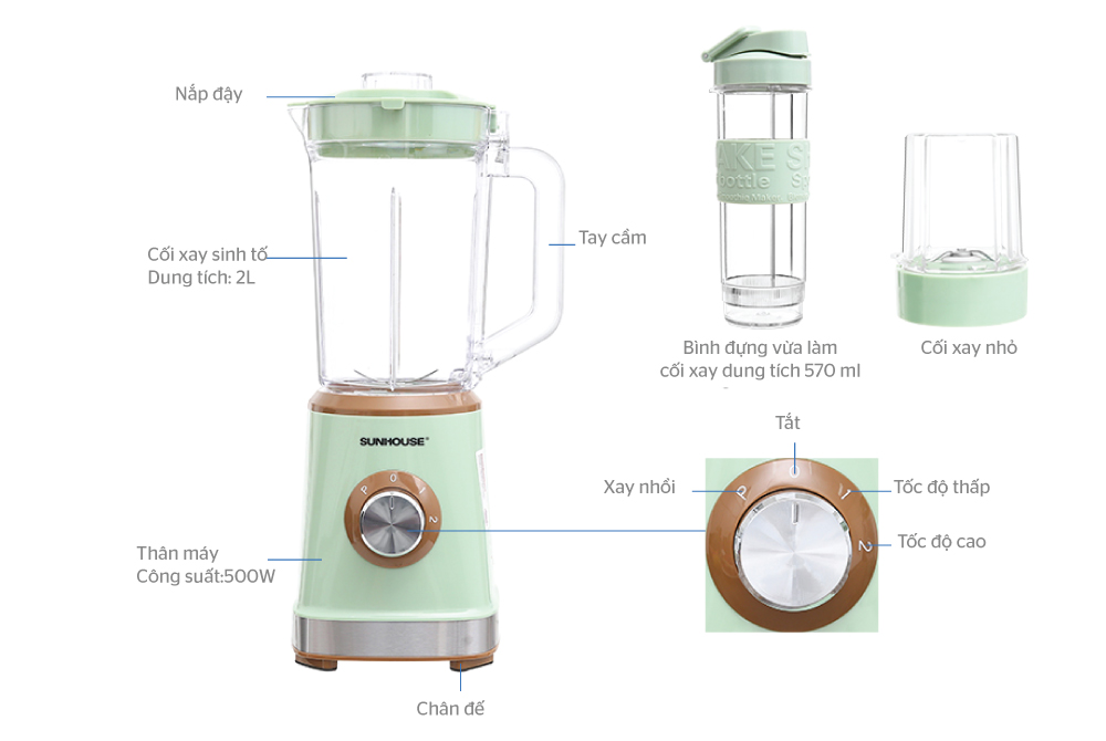 Máy Xay Sinh Tố Đa Năng Sunhouse SHD5315G (500W - 1.2L) - Hàng Chính Hãng