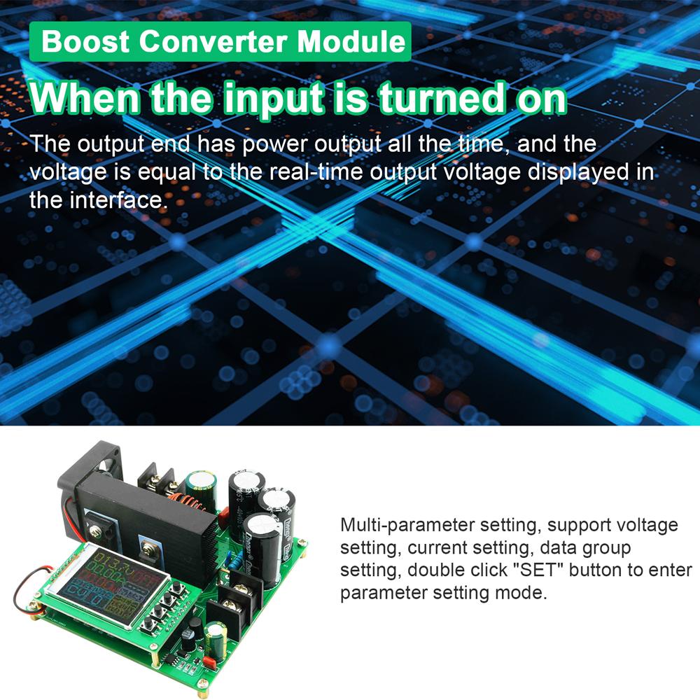 900W Boost Converter Constant Current Constant Voltage Module DC9-60V Input DC10-120V Output Max 15A Current High Precise Voltage Transformer Regulator with 1.77inch TFT Display