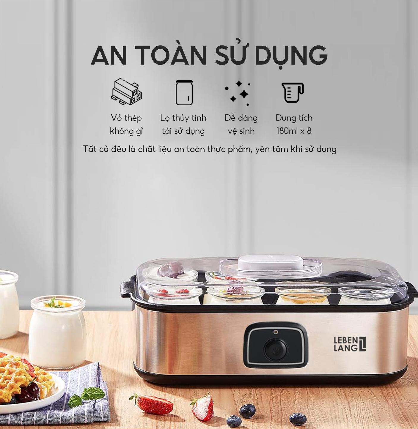 Máy làm sữa chua Lebenlang LBL9139, công suất 200W, dung tích 180ml, gồm 8 lọ thủy tinh, bảo hành 2 năm - hàng chính hãng