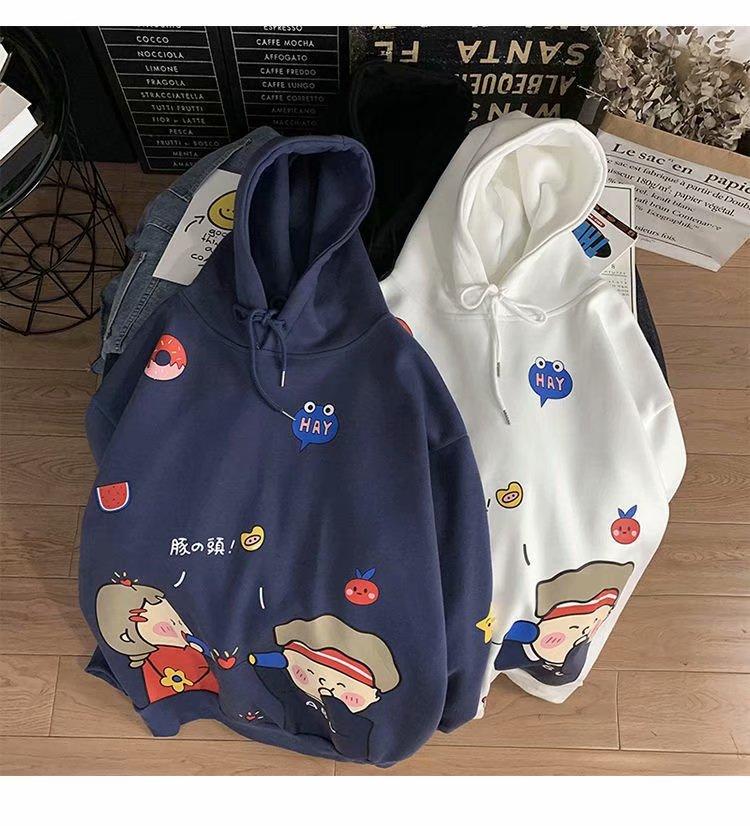 Áo hoodie tay dài dáng rộng in hình hoạt hình gồm 4 màu sắc