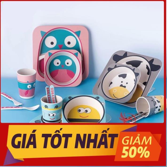 Bộ bát chén khay muỗng ăn dặm cho bé kiểu nhật 5 món đồ kèm thìa dĩa hình thú - bằng sợi tre an toàn FDA/EU