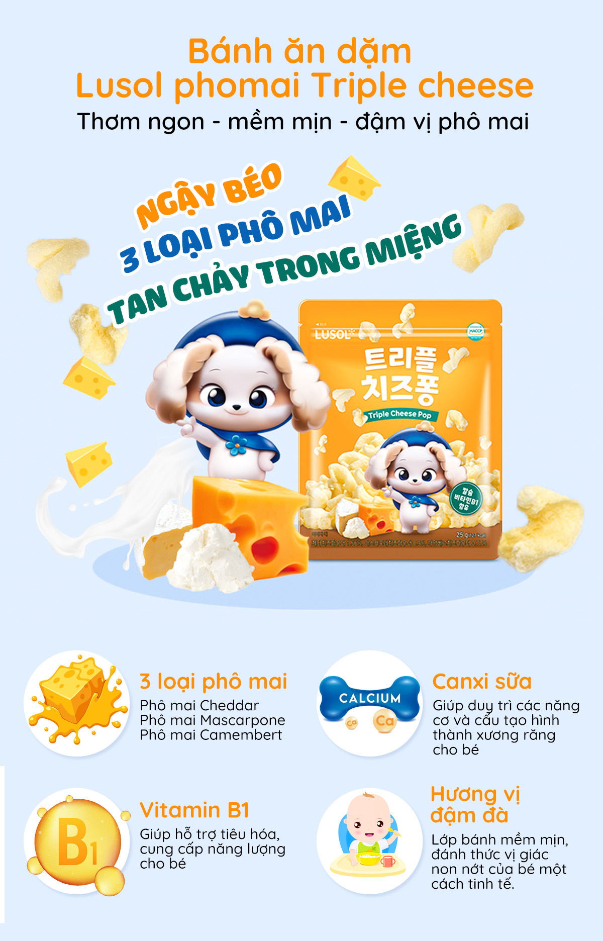 Bánh ăn dặm Lusol vị sữa chua chuối và phô mai Triple Cheese Lusol cho bé từ 12 tháng
