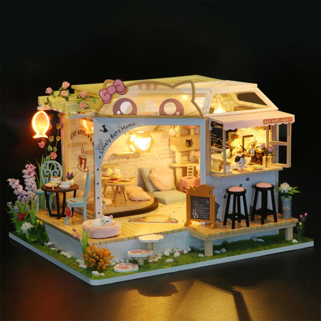 DIY Creative Dollhouse Cat Coffee Shop Kit LED Light Wooden 3D Puzzles