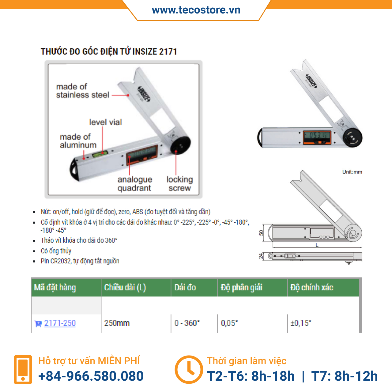 Thước đo góc điện tử Insize 2171 - nonwaterproof