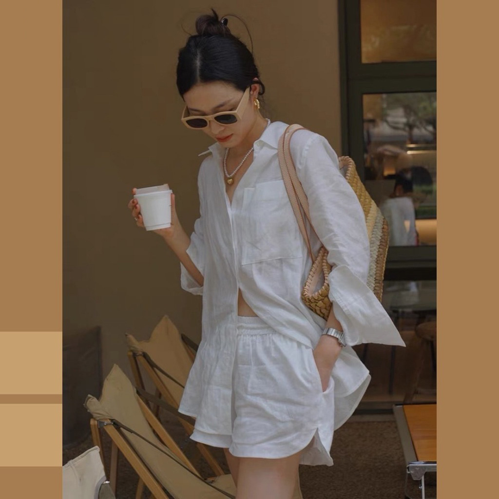 Set bộ nữ quần áo linen cổ sơ mi, sét đồ short thời trang ống rộng Haint Boutique Bv05