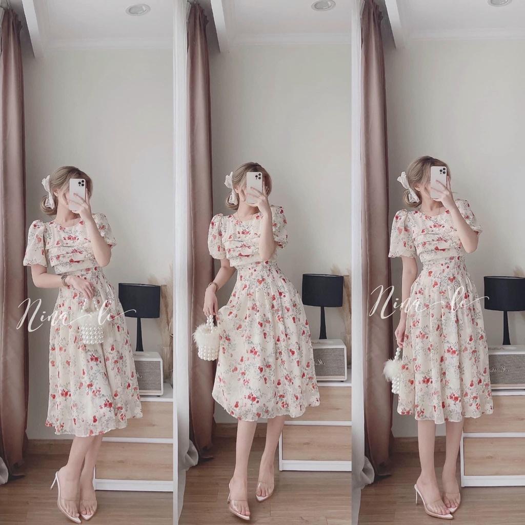 Đầm váy nữ voan hoa xếp ly tay phồng xinh xắn dành cho các tiểu thư đi chơi, dạo phố