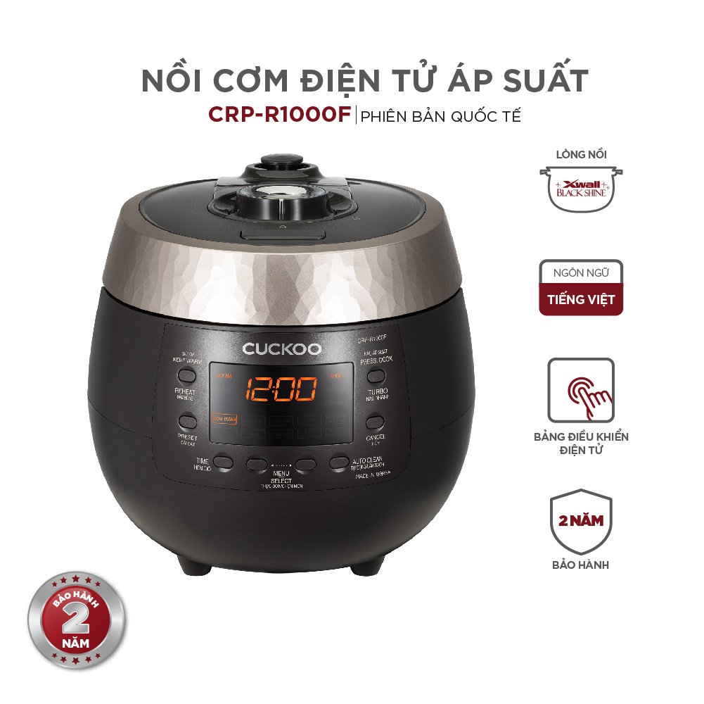 Nồi cơm điện tử áp suất Cuckoo 1.8 lít CRP-R1000F màu đen - lòng nồi chống dính cao cấp phủ Xwall Diamond -Sản xuất tại Hàn Quốc - bản Quốc Tế tiếng Anh - Hàng chính hãng Cuckoo Việt Nam