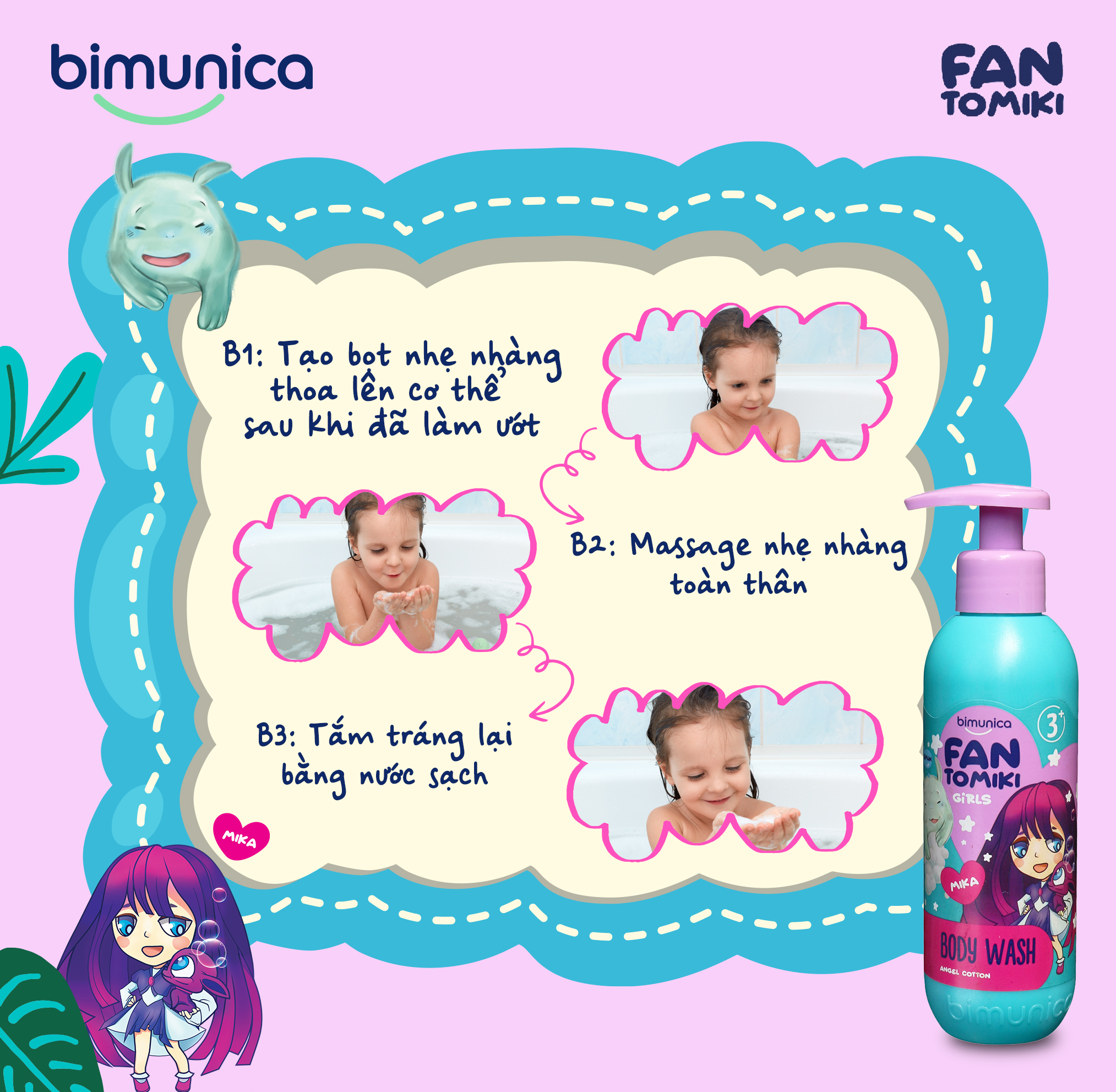 Sữa Tắm BIMUNICA Fantomiki Cho Bé Gái từ 3 Tuổi - 250ml Không Cay Mắt, Làm Sạch, Làm Mềm