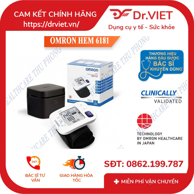 Máy đo huyết áp cổ tay Omron HEM-6181 Chính hãng ,đo huyết áp nhịp tim tự động và chính xác,cảnh báo huyết áp cao, phát hiện nhịp tim bất thường,tự động tìm vị trí đặt cổ tay đúng tư thế,thiết kế nhỏ gọn,bảo hành 5 năm