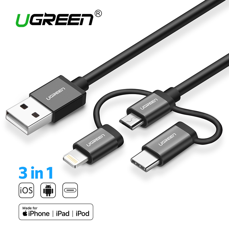 Dây cáp chuyển đổi (3 trong 1) USB 2.0 sang Lightning, Micro USB, Type-C dài 1m UGREEN US199 30784 - Hàng chính hãng