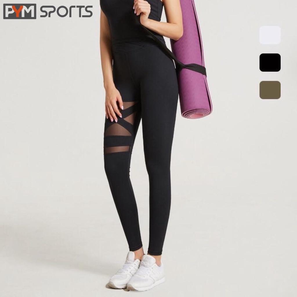 Quần dài legging tập Yoga - Gym PYMSPORT - PYML016, pha lưới, nâng mông, 3 màu đen, xanh rêu, trắng