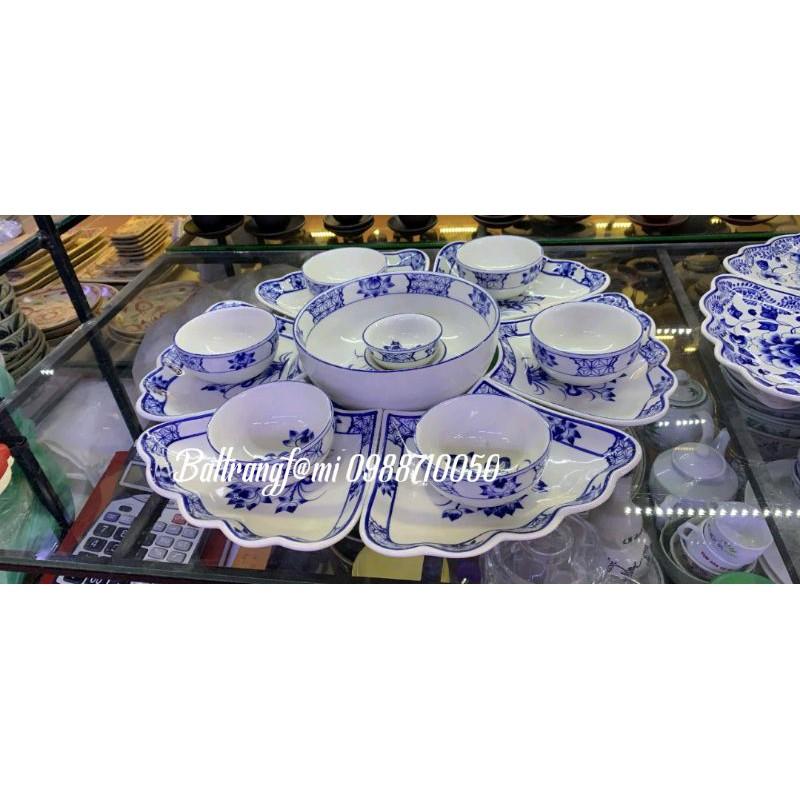 Bộ bát đĩa mặt trời vẽ sen men lam, men chàm