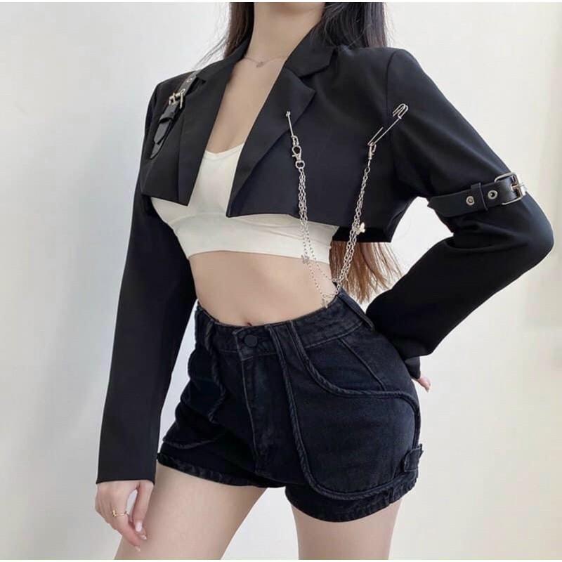 Áo khoác vest nữ form lững phối xích croptop chất vải Tuyết Mưa FreeSize dưới 52kg