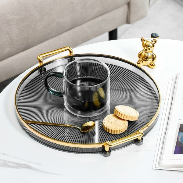 Khay đựng đồ hình tròn có tay cầm viền vàng sang trọng chất liệu nhựa Acrylic cao cấp