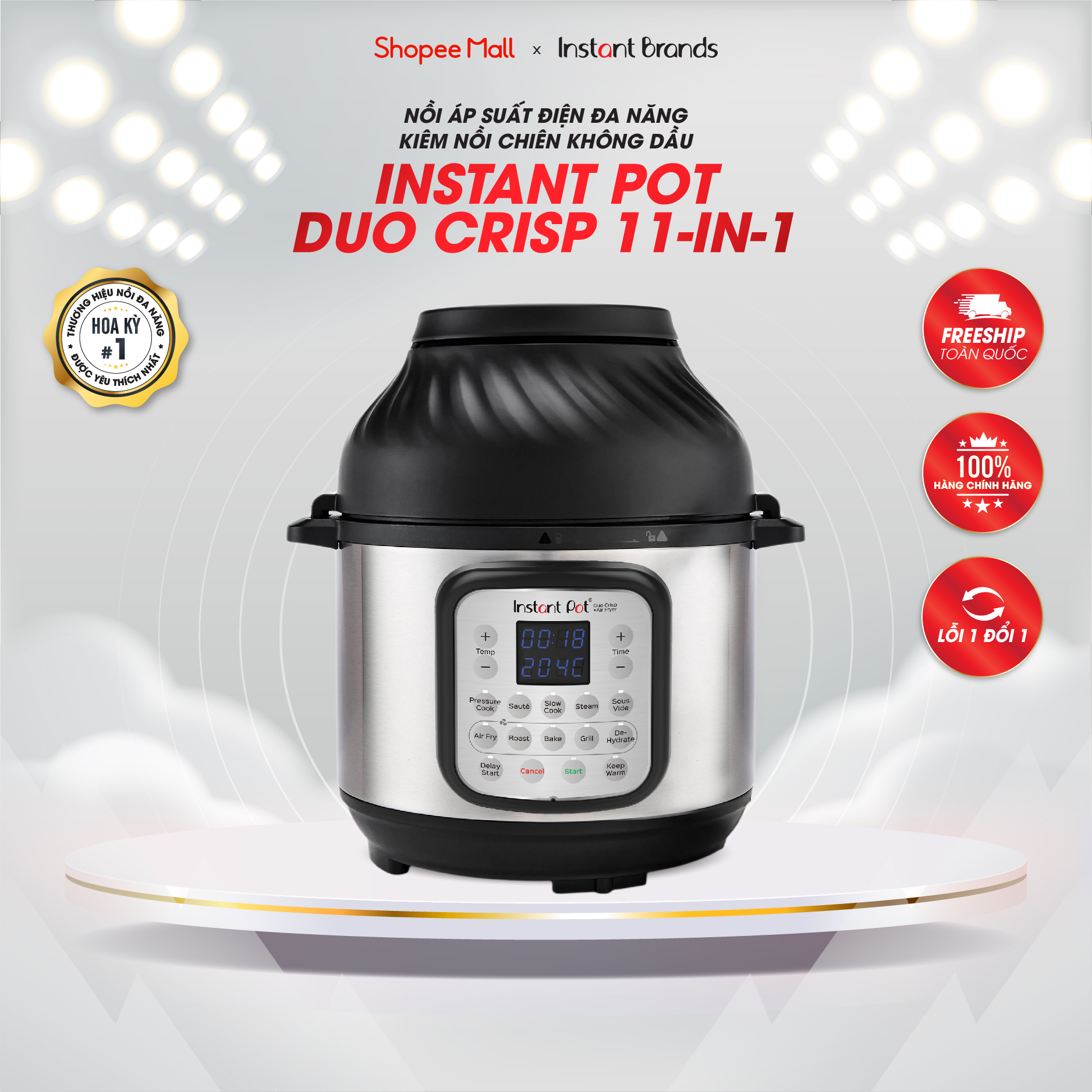 Nồi Áp Suất Điện Đa Năng Kết Hợp Nồi Chiên Không Dầu INSTANT POT DUO CRISP 11-IN-1 Dung Tích 8L - Hàng Chính Hãng