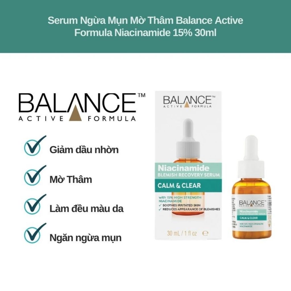 Tinh Chất Serum Giảm Mụn Mờ Thâm Balance Active Formula Niacinamide 15% Blemish Recovery 30ml