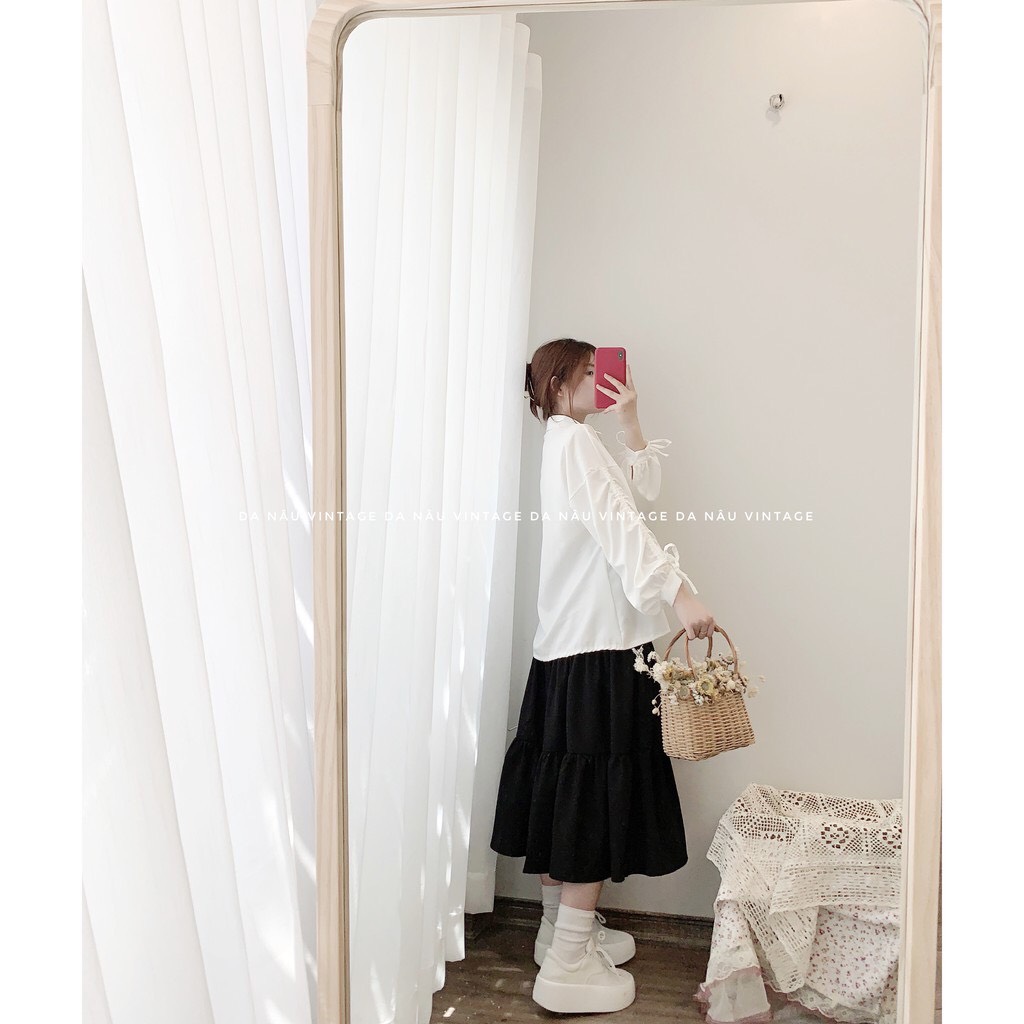 Áo Sơ mi trắng tay dây rút cúc đen dáng thụng ulzzang
