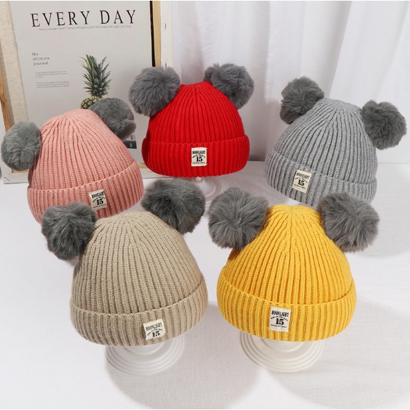Mũ len, nón len mẫu hai quả bông cực xinh xắn, đáng yêu cho bé trai, bé gái, nón len hàng loại 1 dày dặn