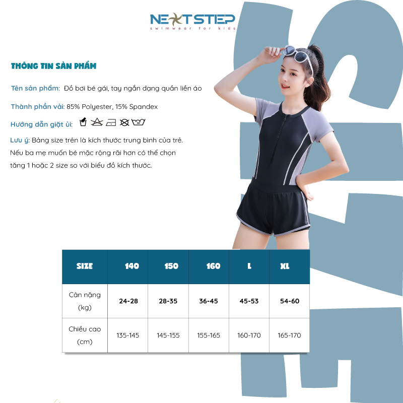 Đồ bơi bé gái, tay ngắn dạng quần liền áo, chất vải co giãn 4 chiều mang phong cách Hàn Quốc  có size từ 25kg – 60kg